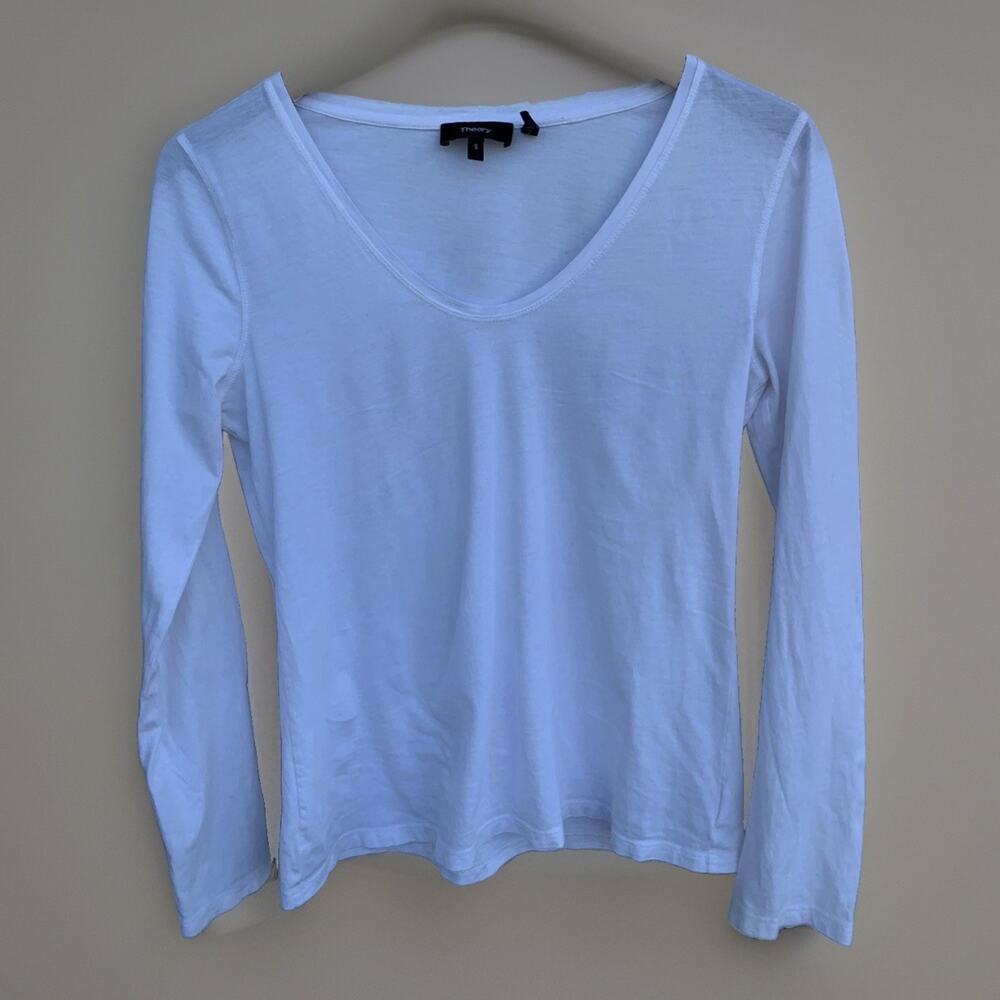 Theory Basic Long sleeve Top T Shirt Solid White S Womens V Neck Organic Cotton